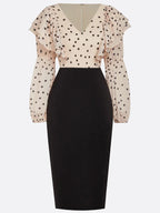 Apricot Peplum Chiffon Long Sleeve Balloon Sleeve Sheath Midi Dress
