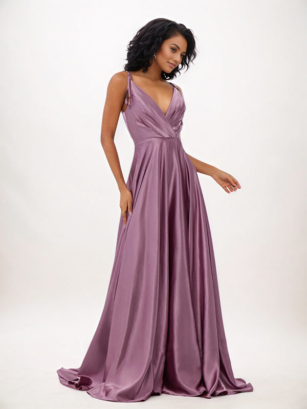 Vestidos de madrinha wisteria em cetim, corte evasê, babados, decote em V, sem mangas, comprimento até o chão