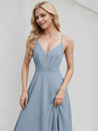 Dusty Blue Chiffon A Line Spaghetti Straps Floor Length Bridesmaid Dress