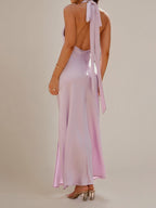 Abito da damigella in chiffon lilla a tubino/colonna con collo halter e senza maniche, lungo fino a terra