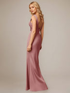 Dusty Rose Satin Sheath/Column V Neck Sleeveless Floor-Length Bridesmaid Dress With Bow