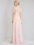 Blushing Pink A-Line High Neck Floor-Length Lace Chiffon Bridesmaid Dresses