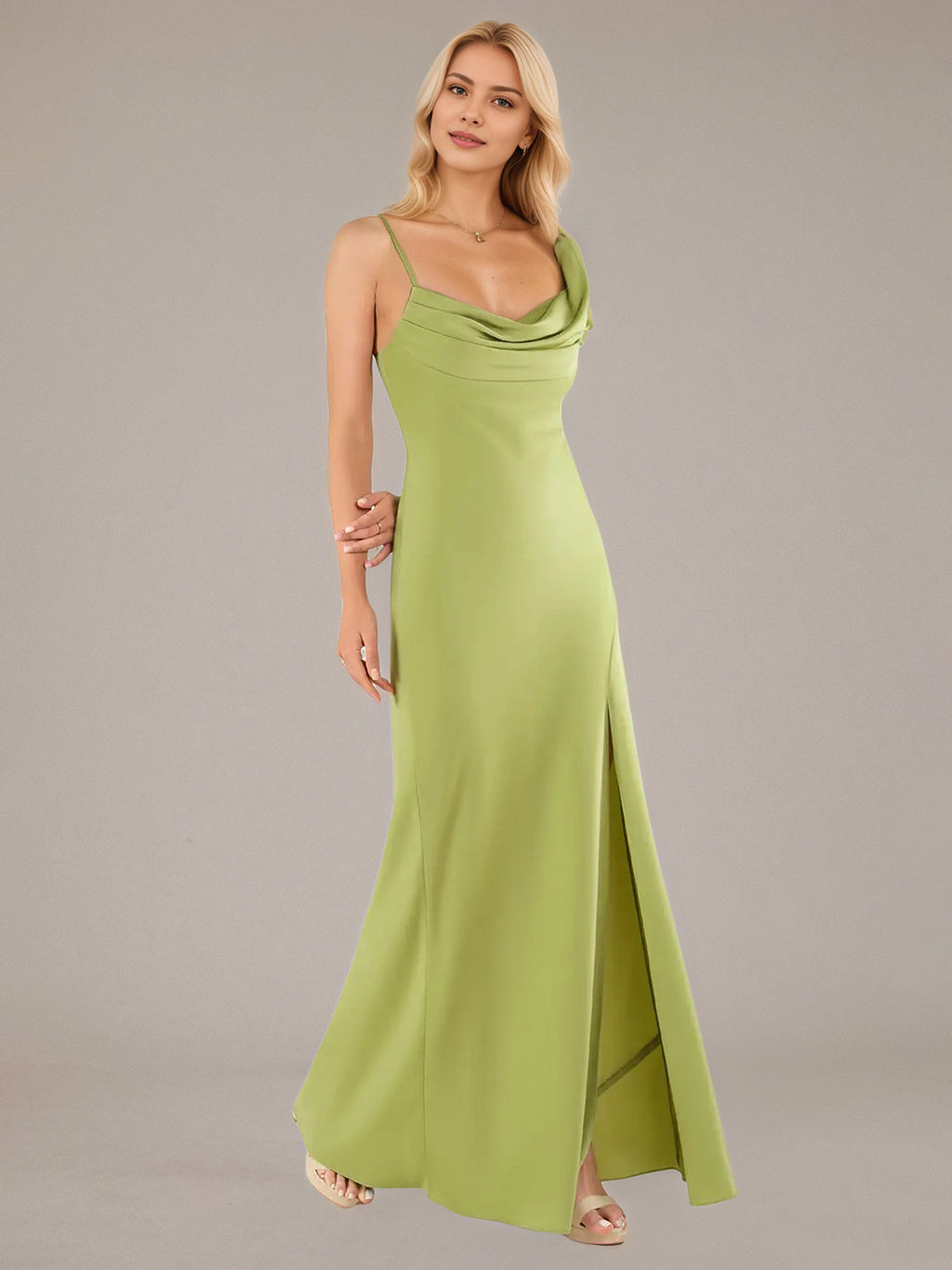 Vestidos longos tubinho/coluna verdes, assimétricos, sem mangas, de cetim