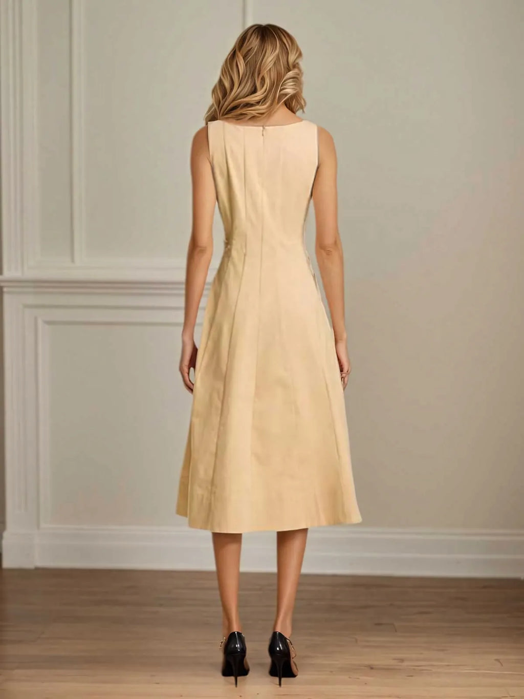 Vestido línea A con escote en V, sin mangas, largo hasta el té, de crepé elástico para madre de la novia