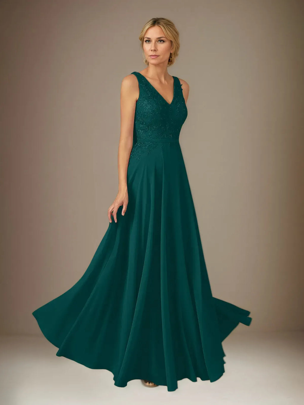 A Line Chiffon V Neck Sleeveless Floor Length Pleated Mother of the Bride Dresses With Appliques