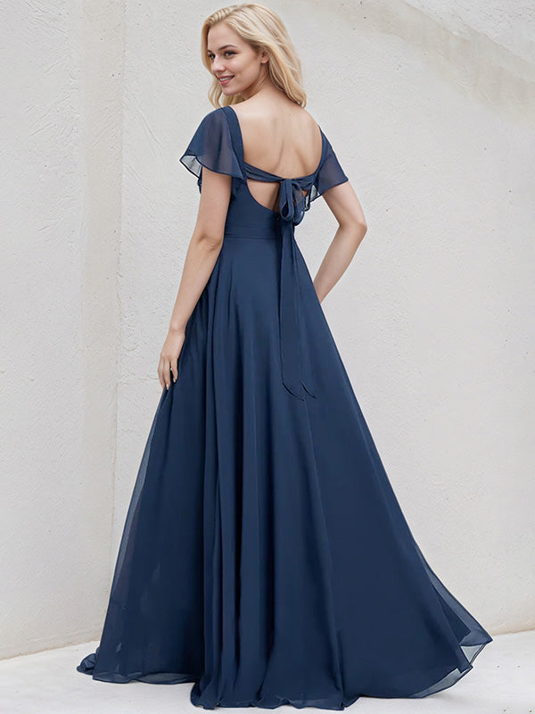 Marineblaues Chiffon A-Linien V-Ausschnitt Kurzarm bodenlanges Brautjungfernkleid
