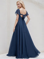 Marineblaues Chiffon A-Linien V-Ausschnitt Kurzarm bodenlanges Brautjungfernkleid