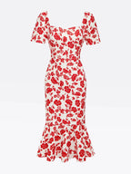 Red Floral Sweetheart Neckline Mermaid Midi Dress
