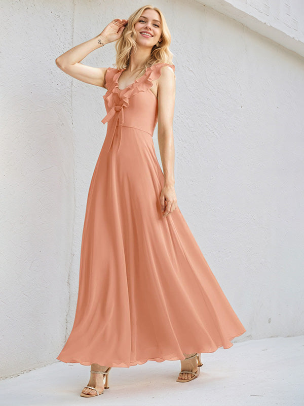 Peach Pink Chiffon A Line V Neck Sleeveless Floor Length Bridesmaid Dress With Ruffle