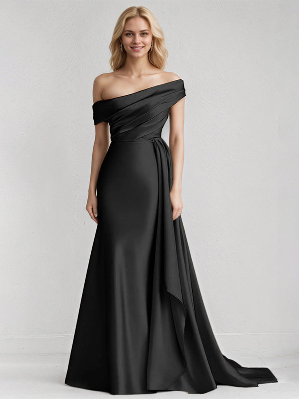 A Line Satin One Shoulder Sleeveless Floor Length Dress