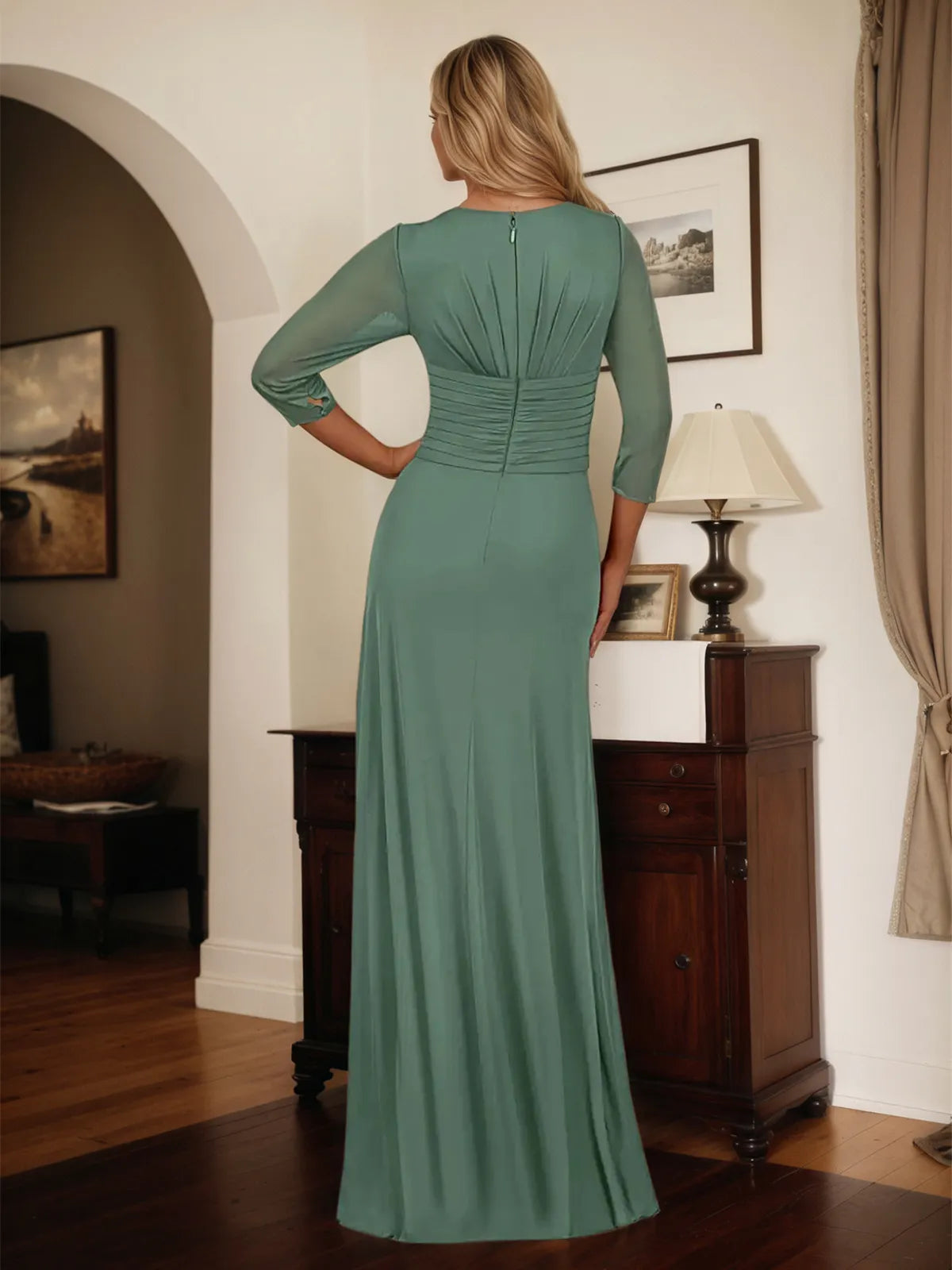 Vestido de madre de la novia línea A, escote en V, manga 3/4 y largo hasta el suelo de gasa