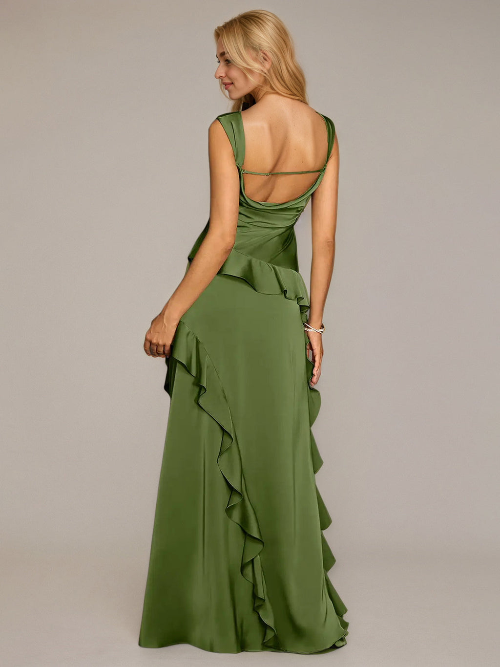 Olive Green Sheath/Column Satin Square Neck Sleeveless Floor Length Dresses