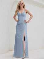 Dusty Blue Chiffon A Line Spaghetti Straps Sleeveless Floor Length Bridesmaid Dress With Slit