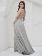Silver Chiffon A Line V Neck Sleeveless Floor Length Bridesmaid Dress