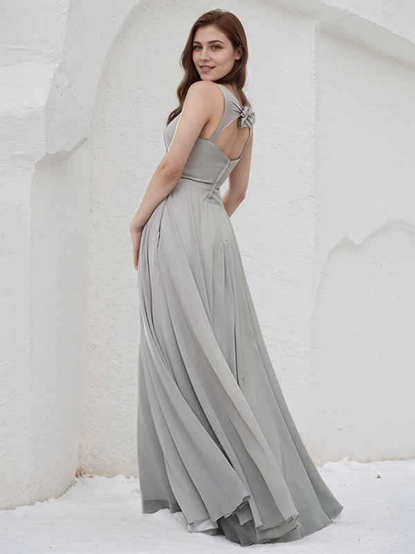 Silver Chiffon A Line V Neck Sleeveless Floor Length Bridesmaid Dress