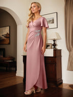Satin Etuikleid/Säulenkleid mit V-Ausschnitt, kurzen Ärmeln, bodenlang