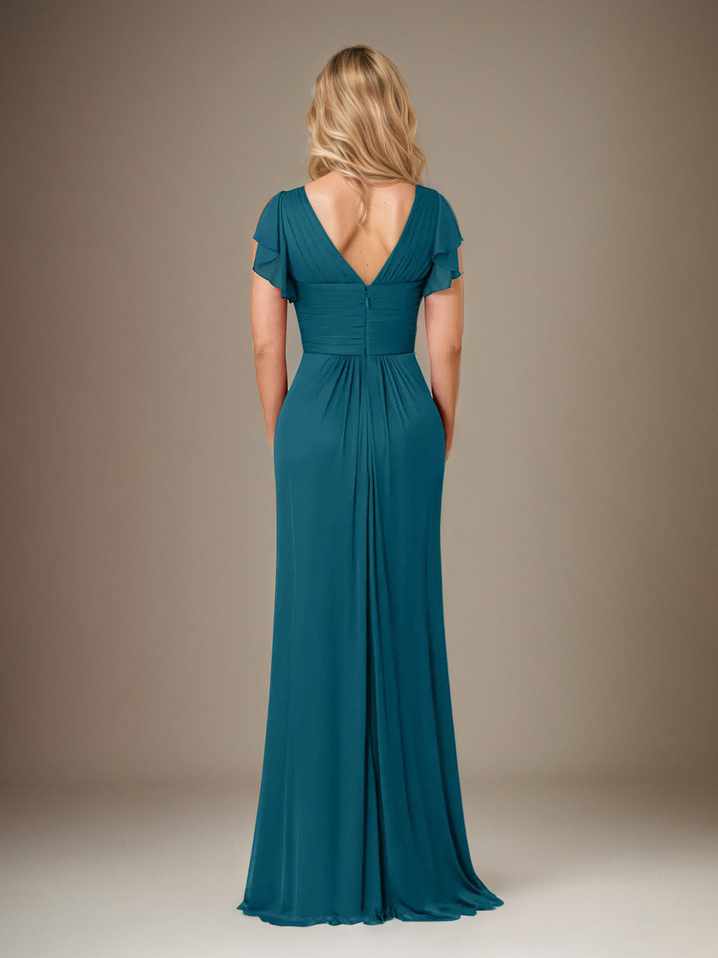 A Line Chiffon V Neck Short Sleeves Floor Length Mother of the Bride Dresses With Ruffles