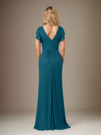 A Line Chiffon V Neck Short Sleeves Floor Length Mother of the Bride Dresses With Ruffles