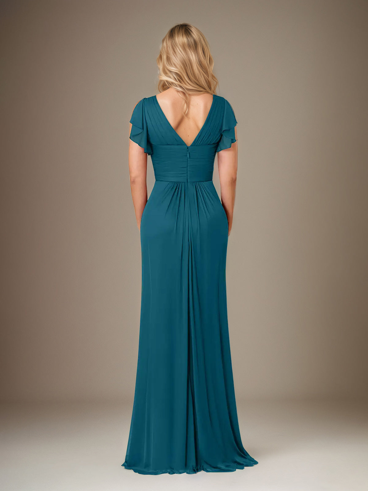 A Line Chiffon V Neck Short Sleeves Floor Length Mother of the Bride Dresses With Ruffles