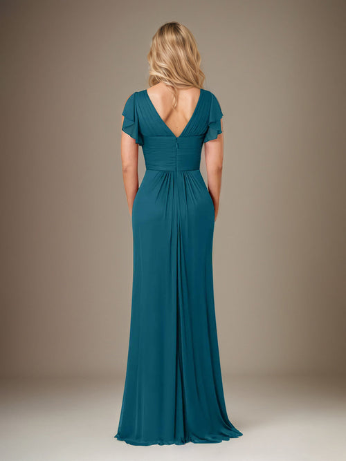 A Line Chiffon V Neck Short Sleeves Floor Length Mother of the Bride Dresses With Ruffles