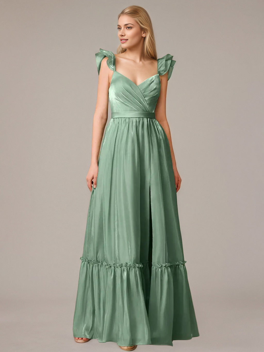 Green A Line V Neck Sleeveless Floor Length Dresses With Ruffles
