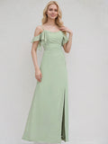 Celadon Chiffon A Line Spaghetti Straps Floor Length Bridesmaid Dress With Ruffle