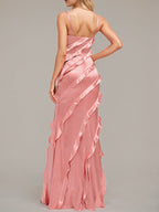 Blush Sheath/Column Spaghetti Straps Floor Length Satin Bridesmaid Dress Ruffle