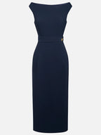 Robe midi classique bleu violacé à épaules dénudées manches courtes avec boucle