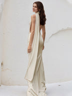 Ivory Satin Trumpet/Mermaid Halter Neck Floor Length Bridesmaid Dress