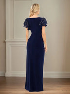 Sheath/Column Stretch Crepe V Neck Short Sleeve Floor Length Dress With Ruffles