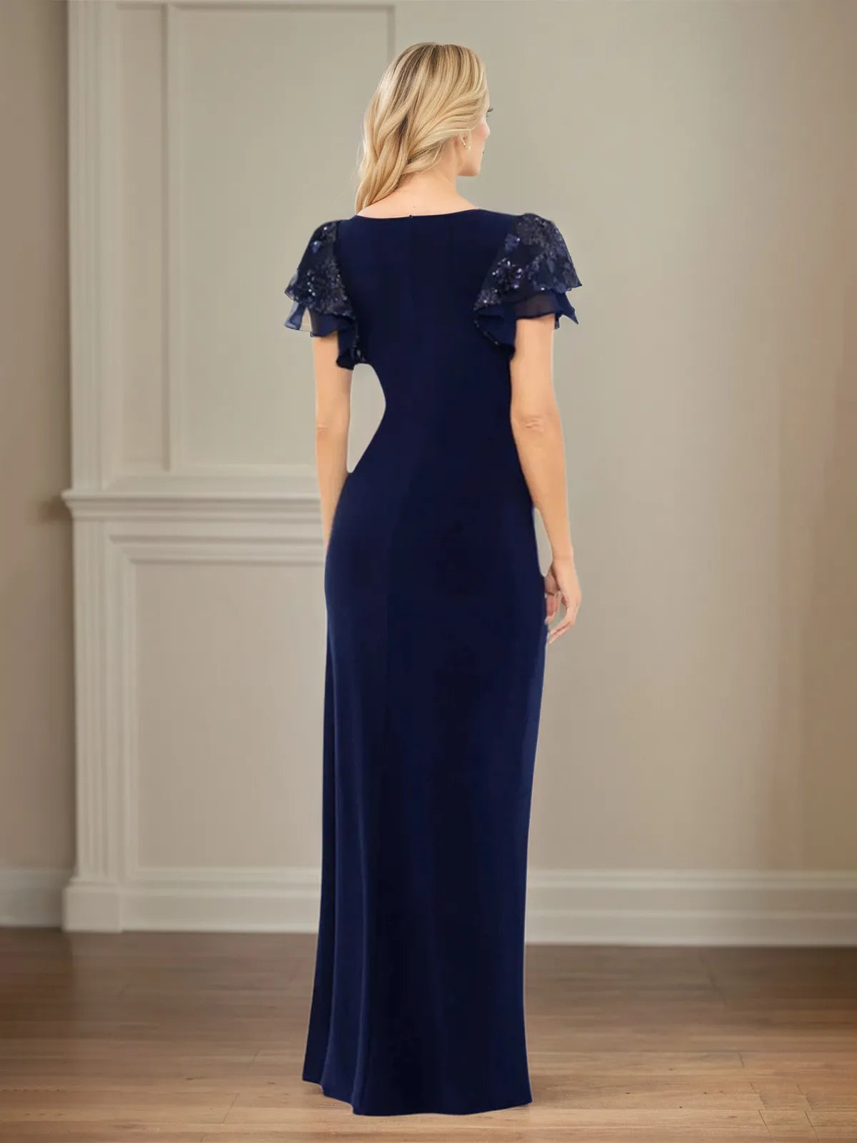 Sheath/Column Stretch Crepe V Neck Short Sleeve Floor Length Dress With Ruffles