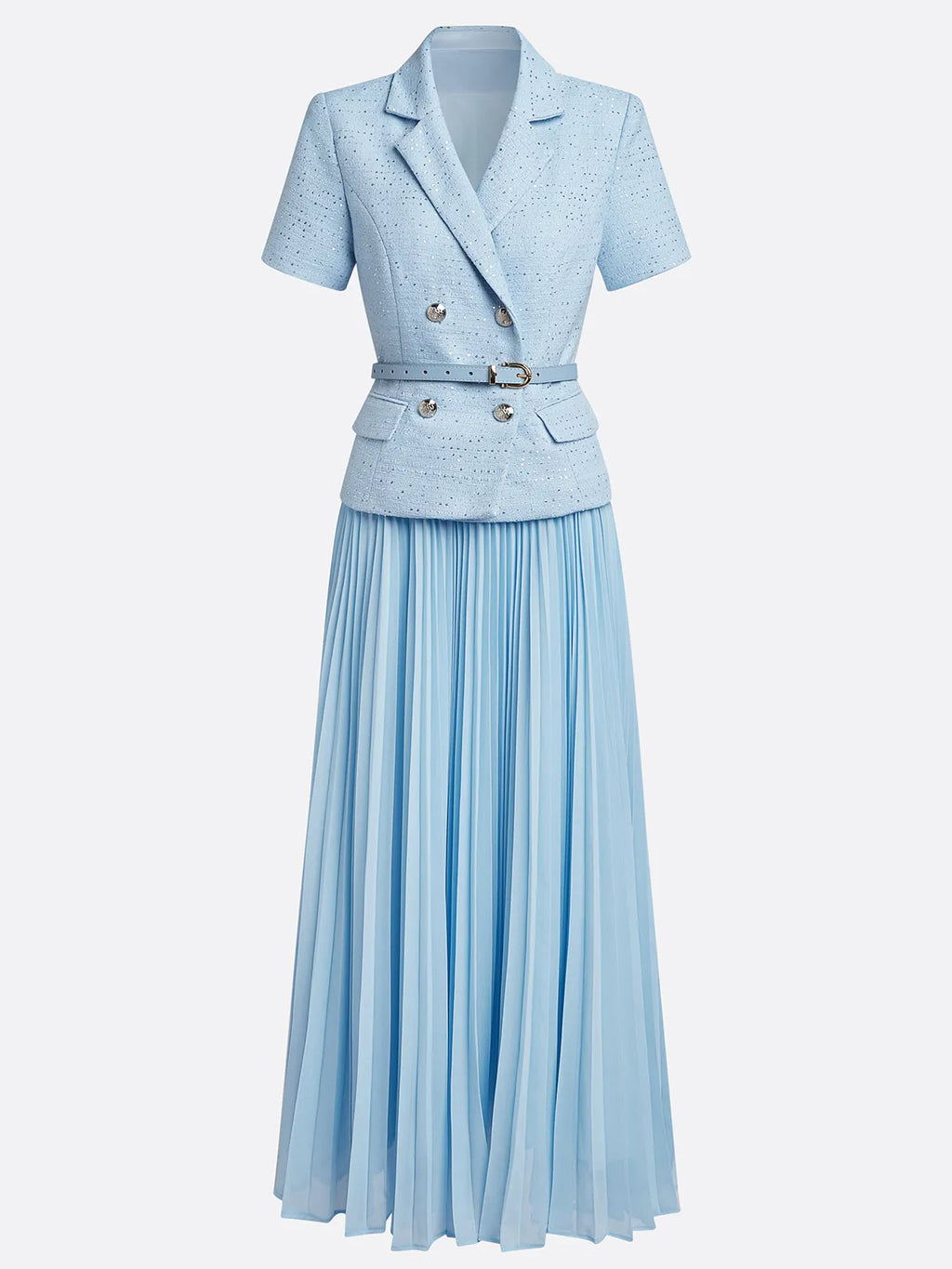 Conjunto de dos piezas para mujer: top elegante de tweed azul claro con cuello de solapa, pliegues y hebilla, manga corta, con falda