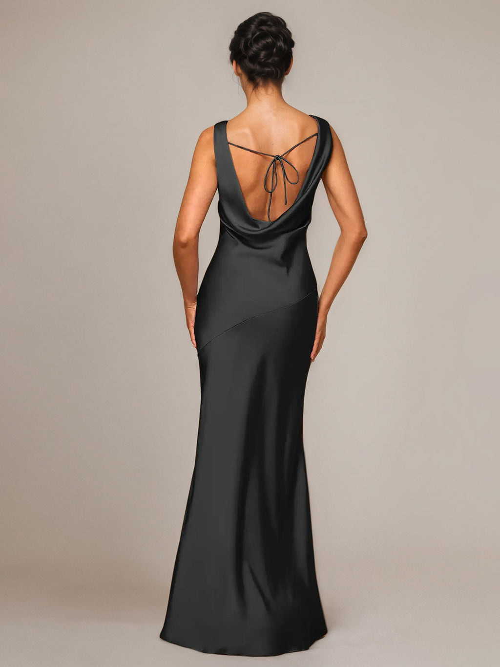 Black Satin Sheath/Column Cowl Neckline Sleeveless Floor-Length Bridesmaid Dress
