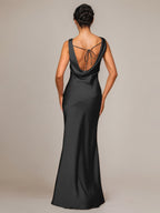 Black Satin Sheath/Column Cowl Neckline Sleeveless Floor-Length Bridesmaid Dress
