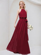 Bordeauxrotes A-Linien U-Ausschnitt bodenlanges Chiffon Brautjungfernkleid mit Schleife