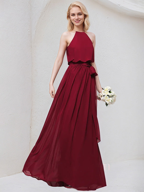 Bordeauxrotes A-Linien U-Ausschnitt bodenlanges Chiffon Brautjungfernkleid mit Schleife