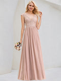 Dusty Rose A-Line V-Neck Floor-Length Lace Chiffon Bridesmaid Dress