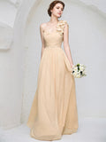 Champagne Chiffon A Line One Shoulder Sleeveless Floor Length Bridesmaid Dress With 3D Floral Ruffle