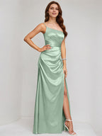 Agave Satin A Line One Shoulder Sleeveless Floor Length Bridesmaid Dress