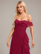 Burgundy A-Line Off The Shoulder Asymmetrical Chiffon Bridesmaid Dress With Cascading Ruffles
