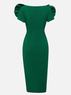 Vestido midi verde con escote en V y fruncido floral 3D ajustado