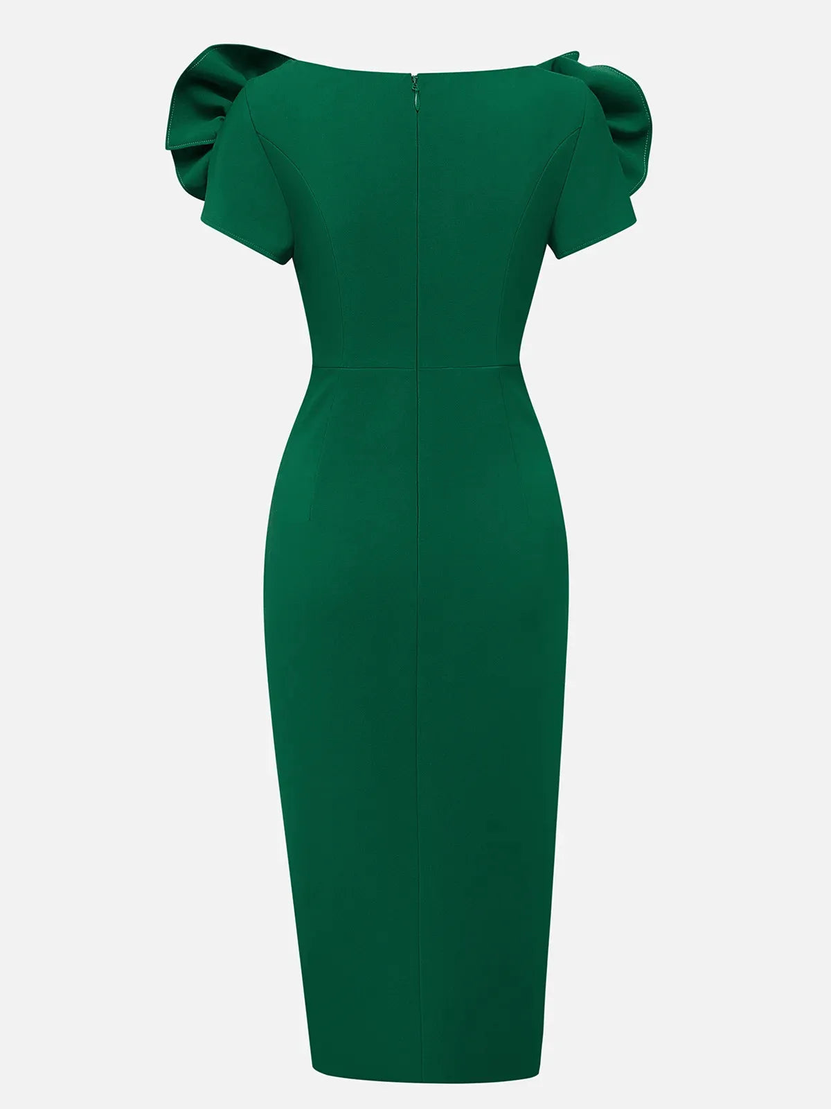 Vestido midi verde con escote en V y fruncido floral 3D ajustado