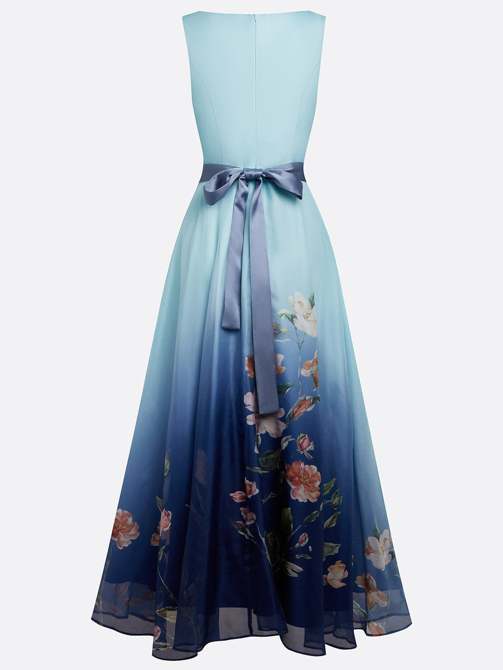 Abito midi azzurro chiaro in chiffon floreale con scollo a V, senza maniche e linea A
