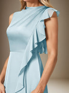 Himmelblaues A-Linien Satin Kleid mit hohem Ausschnitt, ärmellos, bodenlang