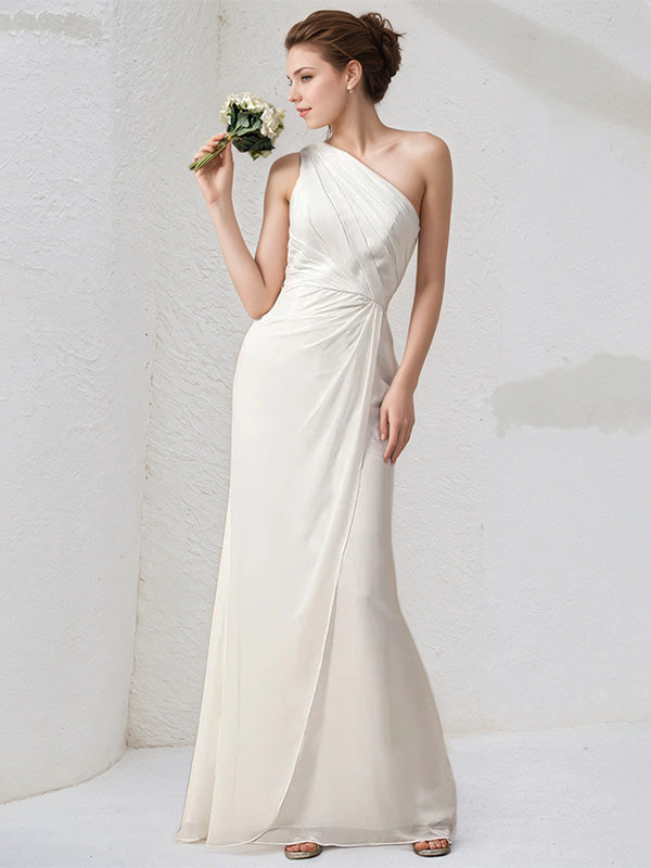 Abito da damigella avorio in chiffon, modello a colonna, monospalla, senza maniche, lungo fino a terra