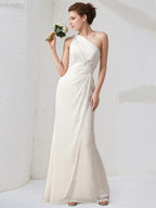 Abito da damigella avorio in chiffon, modello a colonna, monospalla, senza maniche, lungo fino a terra