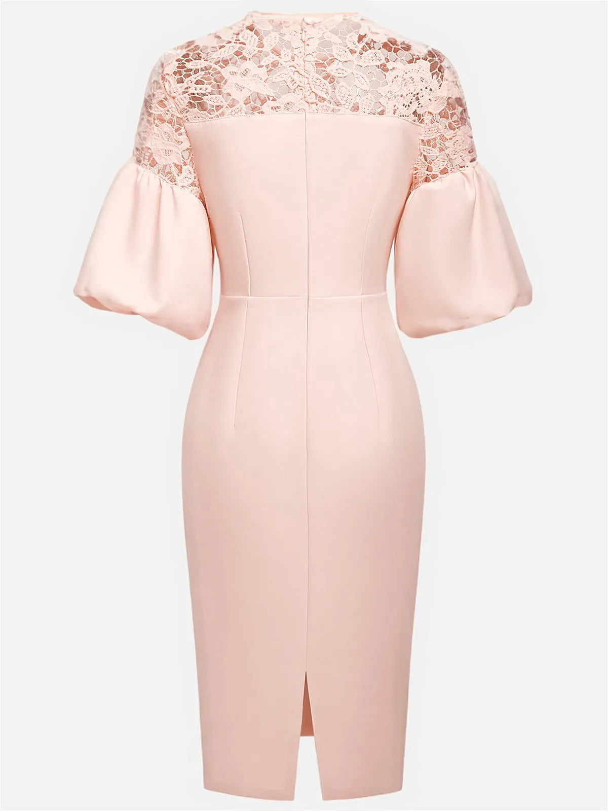 Vestido midi ajustado rosa con encaje, cuello redondo clásico, manga corta y manga globo