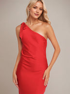 Red Satin Sheath/Column One Shoulder Sleeveless Ankle Length Bridesmaid Dress