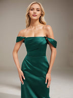 Emerald Sheath/Column Off the Shoulder Floor-Length Satin Bridesmaid Dress