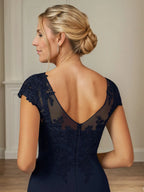 A-Linien Kleid mit Rundhalsausschnitt, kurzen Ärmeln und knöchellangem Chiffon, Mutter der Braut Kleid